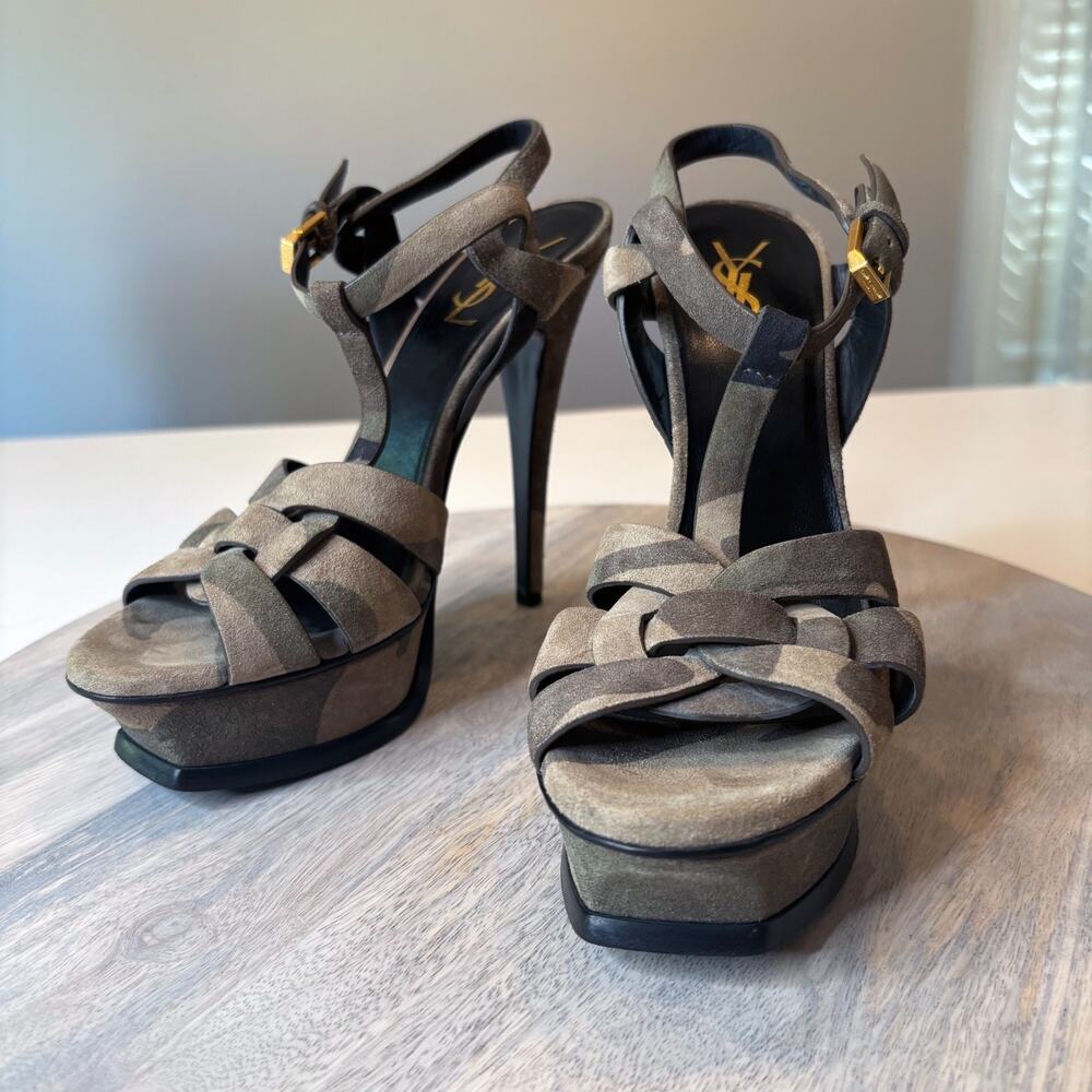 YSL Yves Saint Laurent Camouflage Green Suede Tribute Stiletto Heels Size 7.5